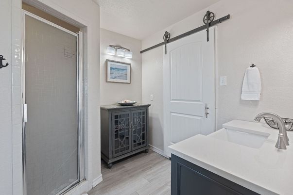 Bathroom, Glass Shower, Interior, Wood Texture Flooring