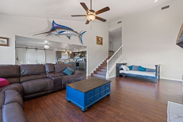 Interior, Kitchen, Living room, Recessed Lighting, Stainless Steel Appliances, Wood Texture Flooring