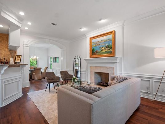 Dining room, Fireplace, Interior, Living room, Pendant Lights, Recessed Lighting, Wood Texture Flooring