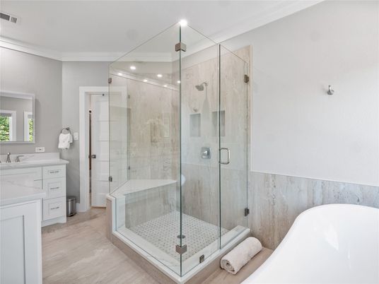 Bathroom, Glass Shower, Interior, Recessed Lighting, Wood Texture Flooring
