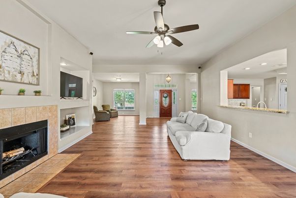 Fireplace, Interior, Living room, Recessed Lighting, Wood Texture Flooring