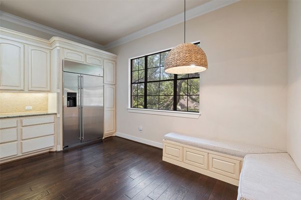 Empty room, Interior, Kitchen, Pendant Lights, Stainless Steel Appliances, Wood Texture Flooring