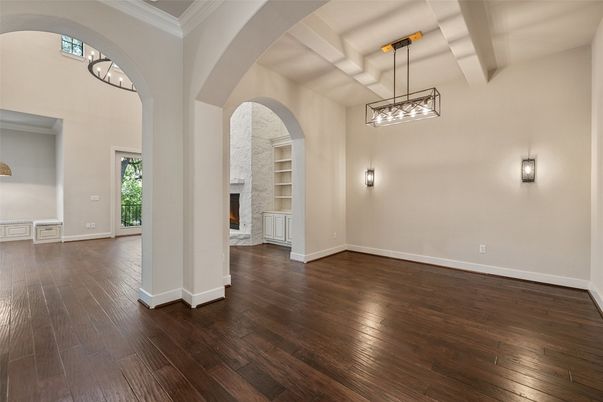 Empty room, Fireplace, Interior, Pendant Lights, Wood Texture Flooring