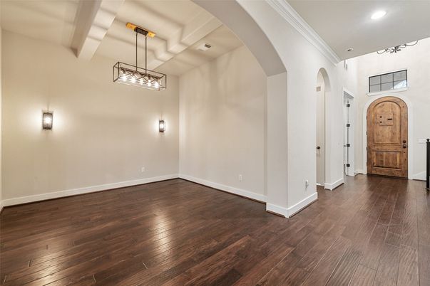 Empty room, Interior, Pendant Lights, Recessed Lighting, Wood Texture Flooring