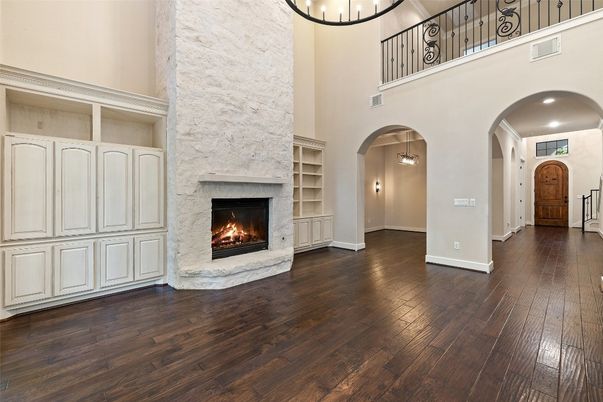 Fireplace, Interior, Pendant Lights, Stone Walls, Wood Texture Flooring