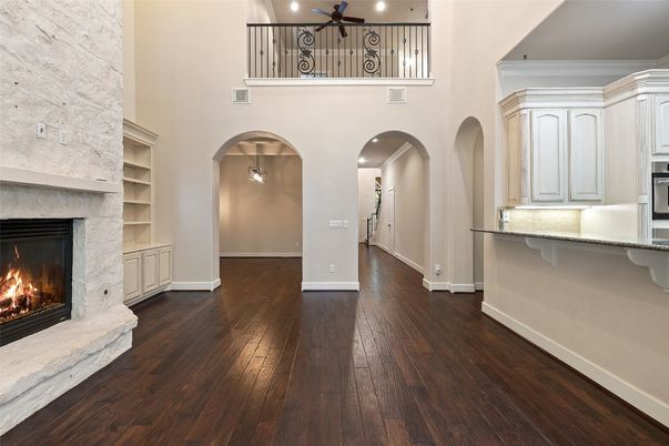 Fireplace, Interior, Pendant Lights, Wood Texture Flooring