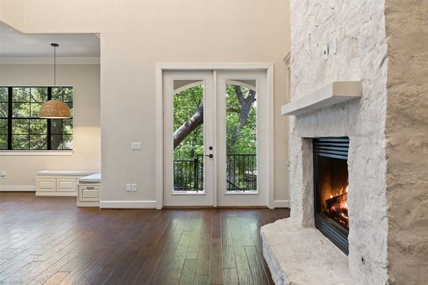 Fireplace, Interior, Pendant Lights, Stone Walls, Wood Texture Flooring
