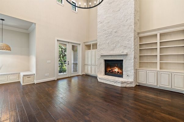 Empty room, Fireplace, Interior, Pendant Lights, Wood Texture Flooring