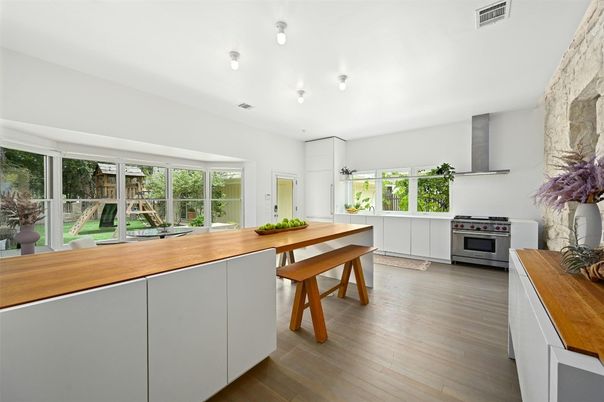 Dining room, Interior, Kitchen, Stainless Steel Appliances, Wood Texture Flooring