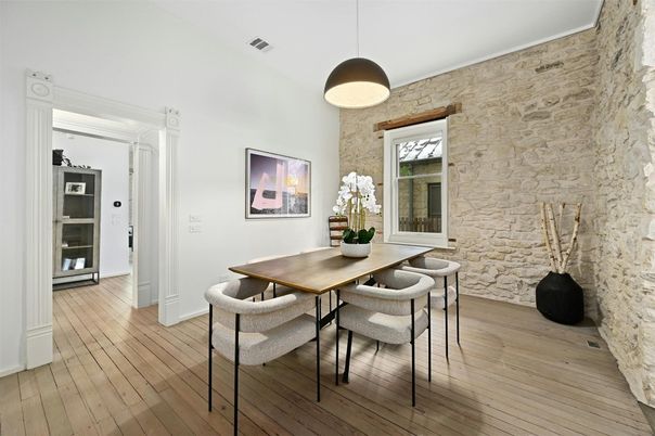 Dining room, Interior, Pendant Lights, Stone Walls, Wood Texture Flooring