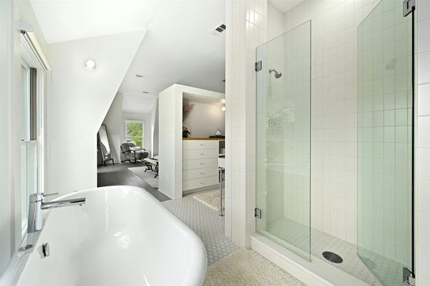 Bathroom, Free Standing Baths, Glass Shower, Interior, Recessed Lighting