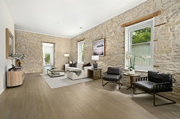 Interior, Living room, Stone Walls, Wood Texture Flooring