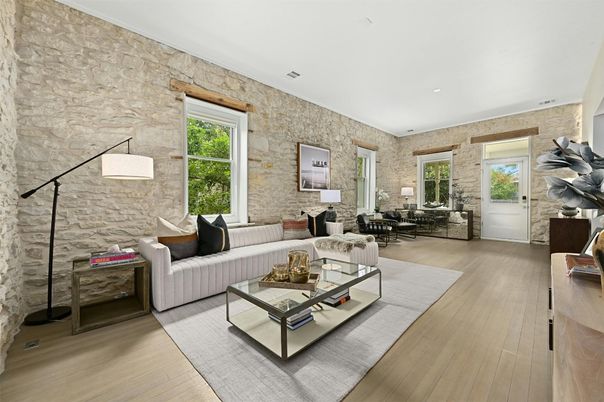 Interior, Living room, Recessed Lighting, Stone Walls, Wood Texture Flooring