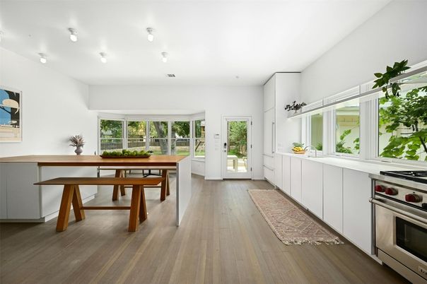 Dining room, Interior, Kitchen, Stainless Steel Appliances, Wood Texture Flooring