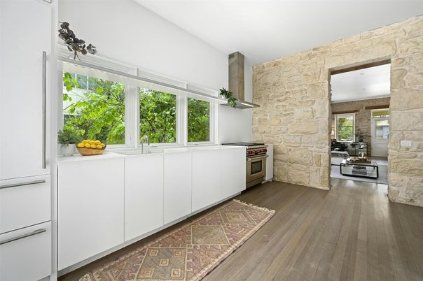 Interior, Kitchen, Stainless Steel Appliances, Stone Walls, Wood Texture Flooring
