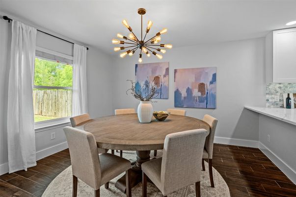 Dining room, Interior, Pendant Lights, Wood Texture Flooring
