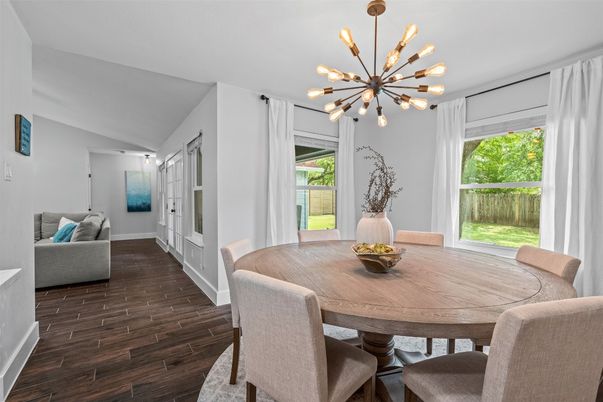 Dining room, Interior, Pendant Lights, Wood Texture Flooring