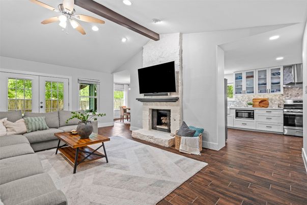 Fireplace, Interior, Kitchen, Living room, Recessed Lighting, Stainless Steel Appliances, Wooden Beams, Wood Texture Flooring
