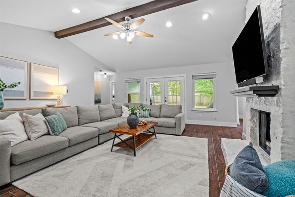 Fireplace, Interior, Living room, Recessed Lighting, Wooden Beams, Wood Texture Flooring