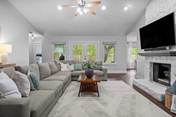 Fireplace, Interior, Living room, Recessed Lighting, Wood Texture Flooring