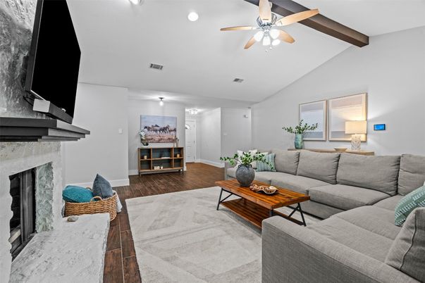 Fireplace, Interior, Living room, Recessed Lighting, Wooden Beams, Wood Texture Flooring