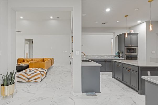Interior, Kitchen, Marble, Pendant Lights, Recessed Lighting, Stainless Steel Appliances