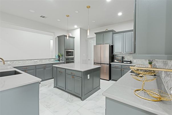 Interior, Kitchen, Marble, Pendant Lights, Recessed Lighting, Stainless Steel Appliances