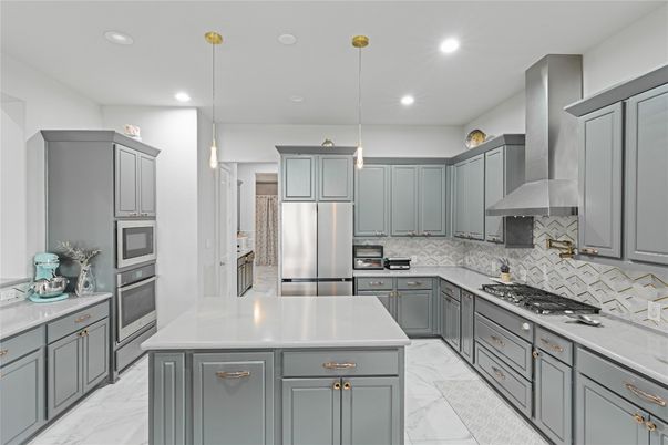 Interior, Kitchen, Marble, Pendant Lights, Recessed Lighting, Stainless Steel Appliances