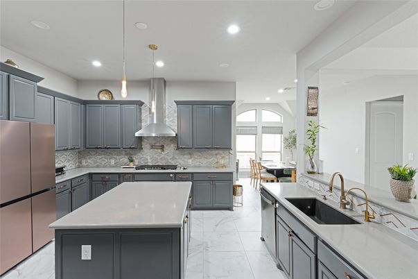 Interior, Kitchen, Marble, Pendant Lights, Recessed Lighting, Stainless Steel Appliances