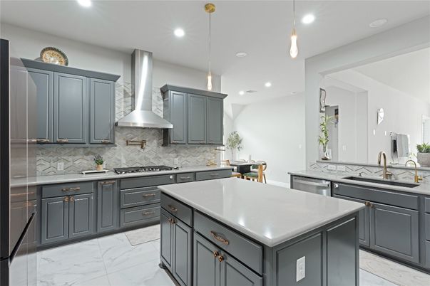 Interior, Kitchen, Marble, Pendant Lights, Recessed Lighting, Stainless Steel Appliances