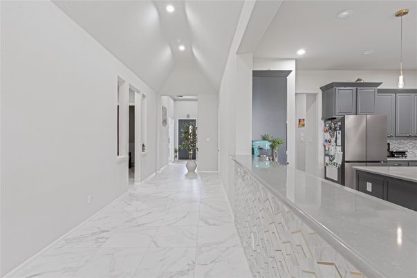 Interior, Kitchen, Marble, Pendant Lights, Recessed Lighting, Stainless Steel Appliances