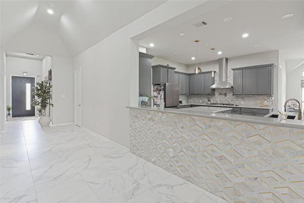 Interior, Kitchen, Marble, Pendant Lights, Recessed Lighting, Stainless Steel Appliances