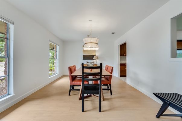 Dining room, Interior, Pendant Lights, Wood Texture Flooring