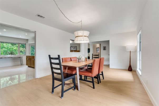 Dining room, Interior, Pendant Lights, Recessed Lighting, Wood Texture Flooring