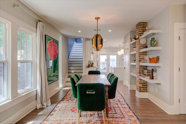 Dining room, Interior, Pendant Lights, Recessed Lighting, Wood Texture Flooring