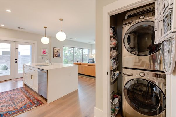 Interior, Kitchen, Living room, Pendant Lights, Recessed Lighting, Utility Closets, Washer, Wood Texture Flooring