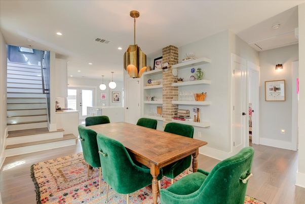 Dining room, Interior, Pendant Lights, Recessed Lighting, Stone Walls, Wood Texture Flooring