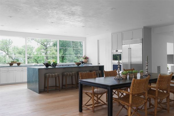 Dining room, Interior, Kitchen, Recessed Lighting, Stainless Steel Appliances, Wood Texture Flooring
