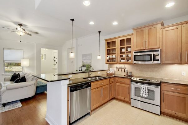 Interior, Kitchen, Living room, Pendant Lights, Recessed Lighting, Stainless Steel Appliances, Wood Texture Flooring