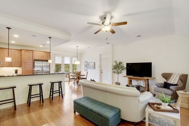 Dining room, Interior, Kitchen, Living room, Pendant Lights, Recessed Lighting, Stainless Steel Appliances, Wood Texture Flooring