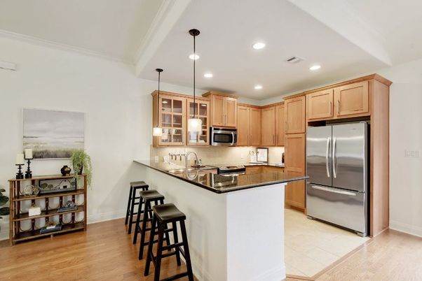 Interior, Kitchen, Pendant Lights, Recessed Lighting, Stainless Steel Appliances, Wood Texture Flooring