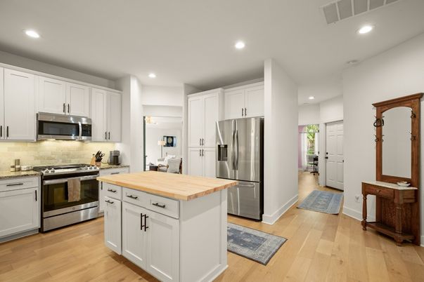 Interior, Kitchen, Recessed Lighting, Stainless Steel Appliances, Wood Texture Flooring