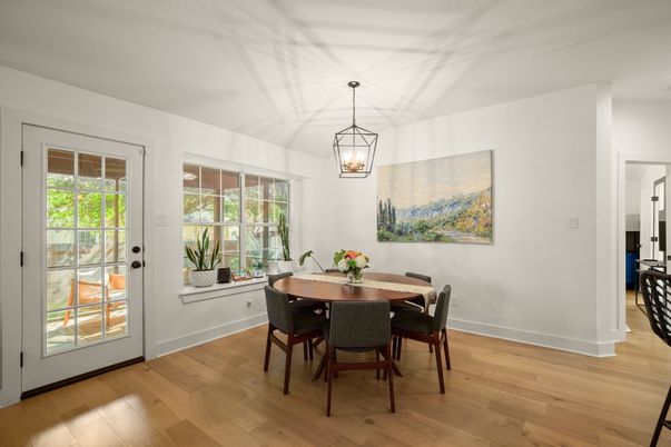 Dining room, Interior, Pendant Lights, Wood Texture Flooring