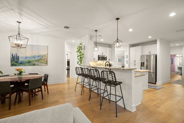 Dining room, Interior, Kitchen, Pendant Lights, Recessed Lighting, Stainless Steel Appliances, Wood Texture Flooring