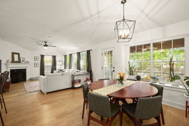 Dining room, Fireplace, Interior, Living room, Pendant Lights, Wood Texture Flooring