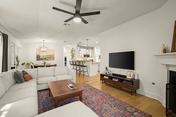 Dining room, Fireplace, Interior, Kitchen, Living room, Pendant Lights, Recessed Lighting, Wood Texture Flooring