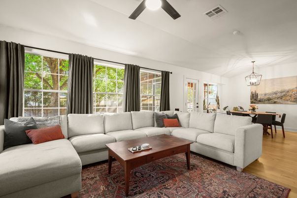 Dining room, Interior, Living room, Pendant Lights, Wood Texture Flooring
