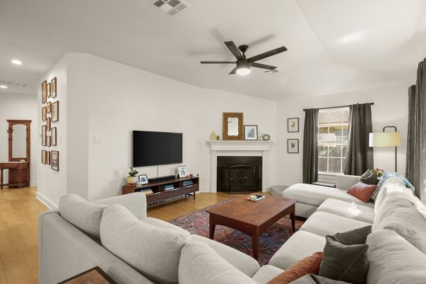 Fireplace, Interior, Living room, Recessed Lighting, Wood Texture Flooring