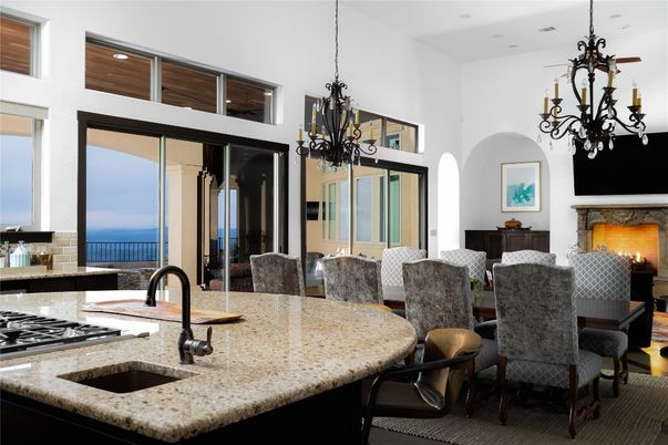 Chandelier, Dining room, Fireplace, Interior, Kitchen, Pendant Lights, Recessed Lighting, Water