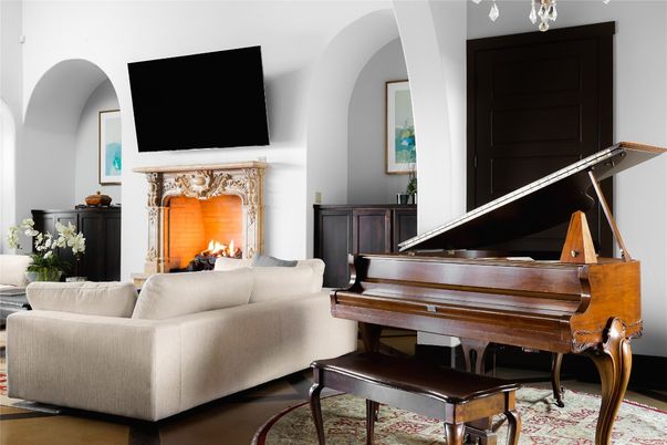 Fireplace, Interior, Living room, Piano